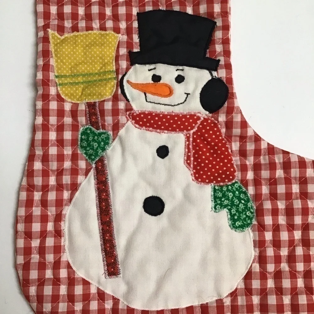Vintage 80s Snowman Christmas Stocking Quilted Applique Handmade Red Gingham 18”